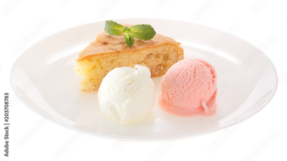 Apple biscuit cake and ice cream on plate isolated on white background Apple biscuit cake and ice cream on plate isolated on white background