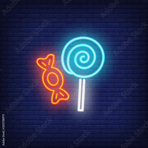 Candy neon sign. Pin-up lollipop and sweet candy. Night bright advertisement. Vector illustration in neon style for sweet tooth and sugar