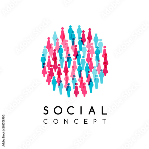 Social conceptual emblem. Vector illustration with round sign with people silhouettes texture.