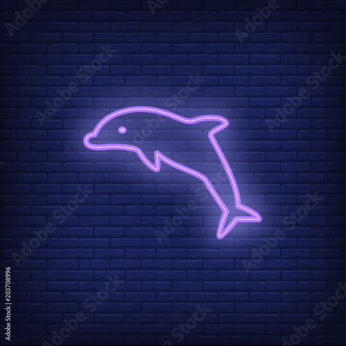 Dolphin neon sign. Purple dolphin jumping on brick wall background. Night bright advertisement. Vector illustration in neon style for delphinarium and water performance