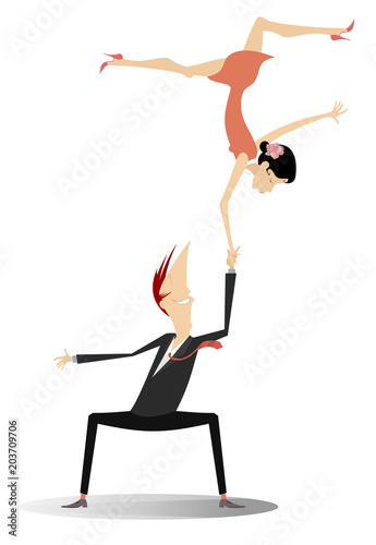 Romantic dancing young couple illustration isolated. Smiling young man holds his woman by one hand head over heels isolated on white illustration
