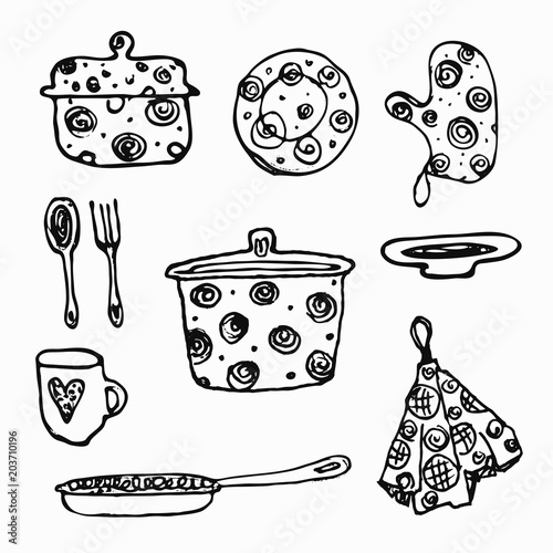 Set of kitchen dishes. Hand drawn illustration.