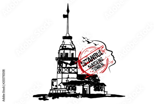 The Maiden's Tower (Kiz Kulesi). Istanbul, Turkey city design. Hand drawn illustration.