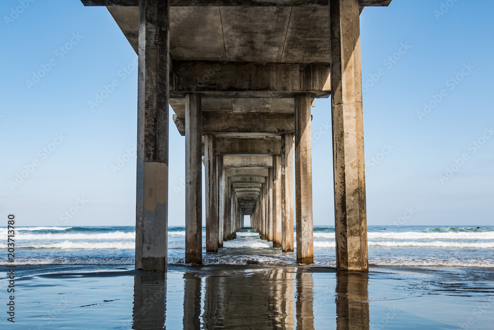 Beneath the symmetrical concrete pier at La Jolla Shores in San Diego, California.