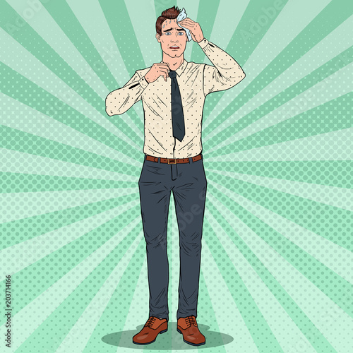 Pop Art Nervous Businessman. Stressed Worried Office Worker. Vector illustration