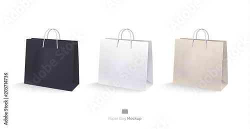 Paper bags, set, mocap. Shopping bags Isolated on white background. A white bag, a black bag, a bag of kraft paper. Realistic vector illustration. 3D photo