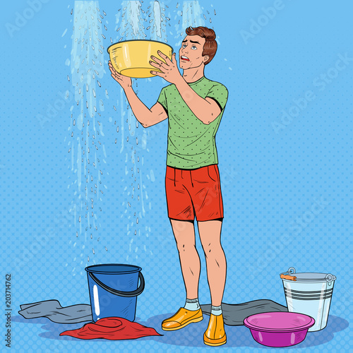 Pop Art Worried Man Holding Bucket and Collecting Water from the Ceiling. Damaged Roof. Vector illustration