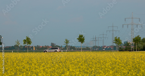Car in nature with power lines