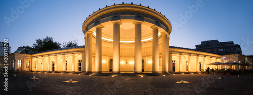 Panorama of Elisenbrunnen in Aachen at blue hour, Germany