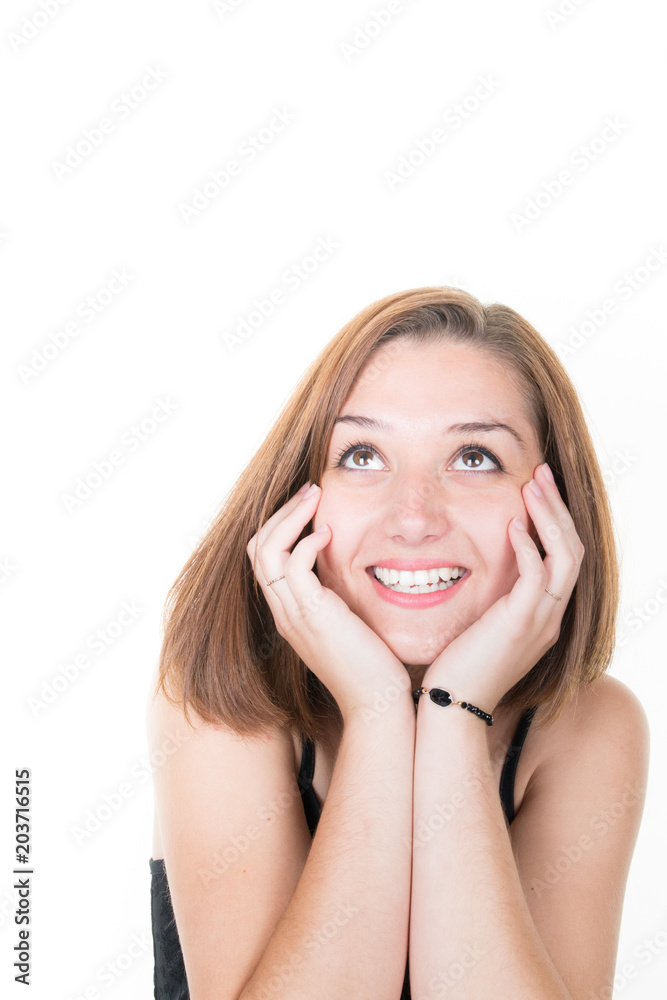 portrait beautiful charming woman looks up concept of happiness and joy portrait beautiful charming woman looks up concept of happiness and joy