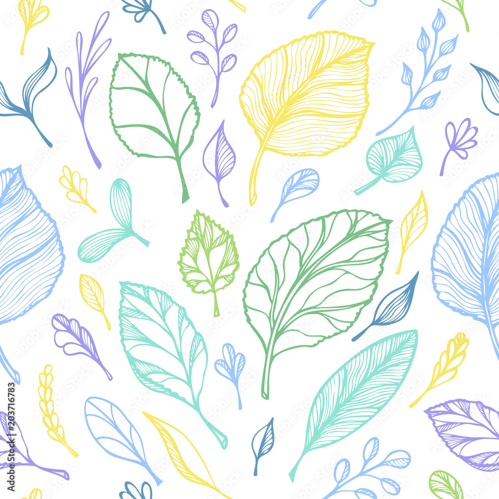 Seamless pattern from Hand draw structure of  leaves colorful on white in line art for design flyer banner or for decoration package of  tea or cosmetic or  perfume or for design of botanical theme