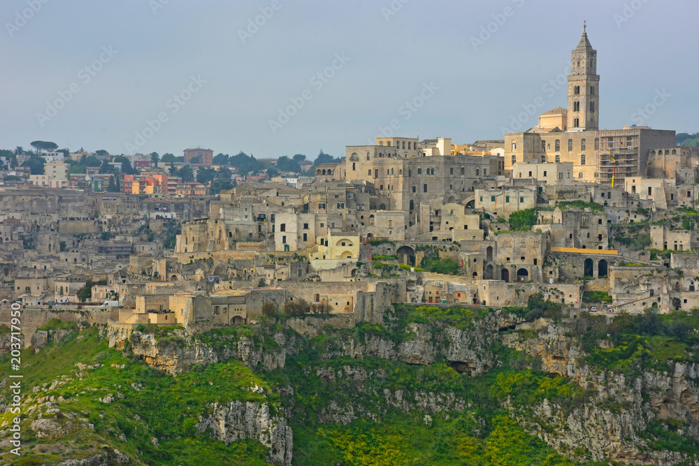 Italy, Basilicata, Matera, city of stones, Unesco heritage, capital of European culture 2019.  Panorama from the Belvedere. (photo with post-production)      