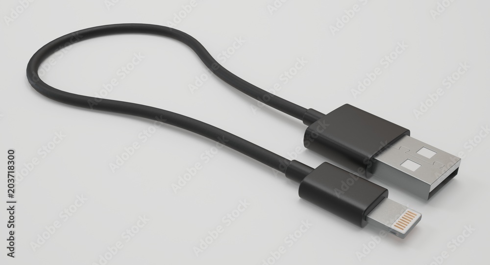 3D rendering - power usb cable with lightning connector isolated on white background. 3D rendering - power usb cable with lightning connector isolated on white background.