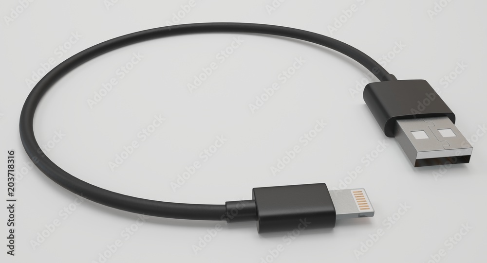 3D rendering - power usb cable with lightning connector isolated on white background. 3D rendering - power usb cable with lightning connector isolated on white background.
