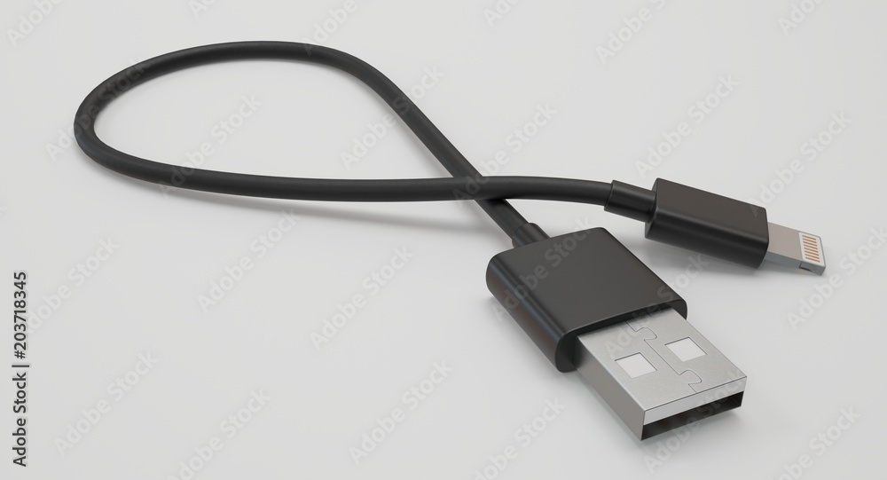 3D rendering - power usb cable with lightning connector isolated on white background. 3D rendering - power usb cable with lightning connector isolated on white background.