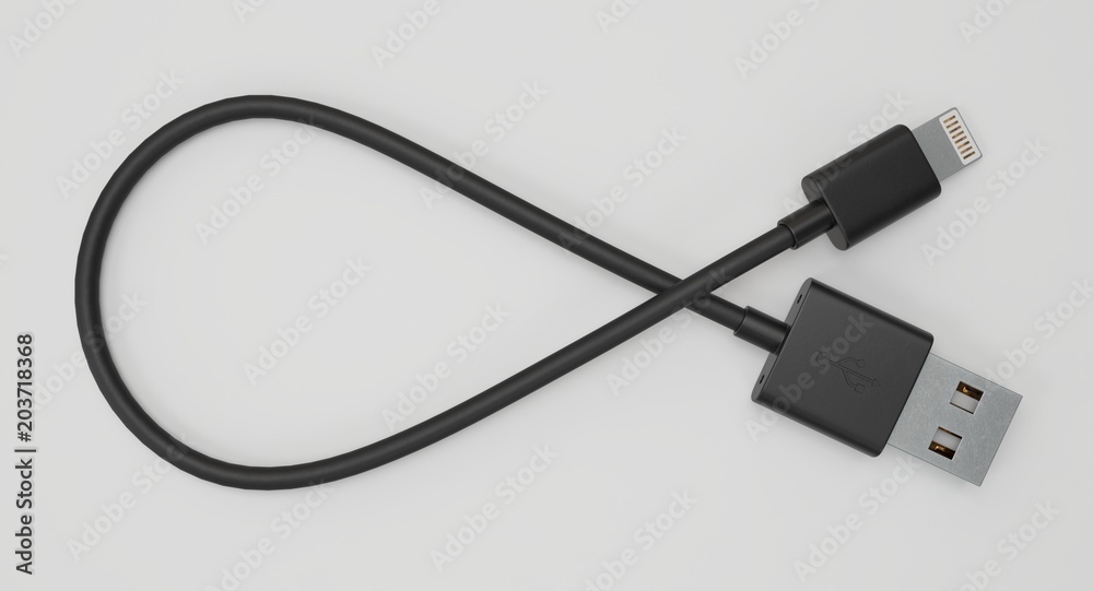 3D rendering - power usb cable with lightning connector isolated on white background. 3D rendering - power usb cable with lightning connector isolated on white background.