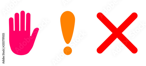 Set stop sign icon with hand, exclamation marc and cross in circle - vector