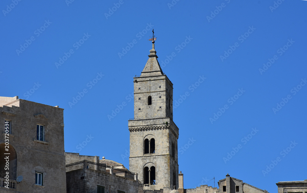 Italy, Basilicata, Matera, city of stones, Unesco heritage, capital of European culture 2019. View of the bell tower of the cathedral