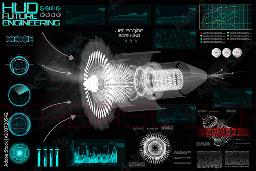 Jet engine of airplane in HUD style. Outline style and modern interface elements ( Dashboards airplane, Scanning Jet engine and mechanism) Industrial blueprint. Set elements HUD, future engineering