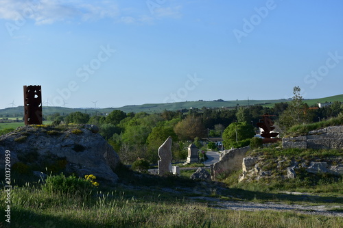 Italy, Basilicata, 22 April 2018, Matera, city of stones, free sculpture park La Paloma in an old tuff quarry on the Appian Way.