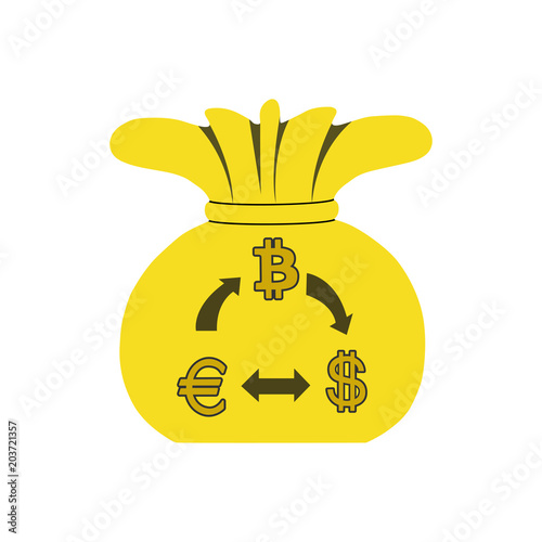 Money bag. Crypto currency exchange concept. Convert bitcoin to dollar, euro. Vector illustration. 