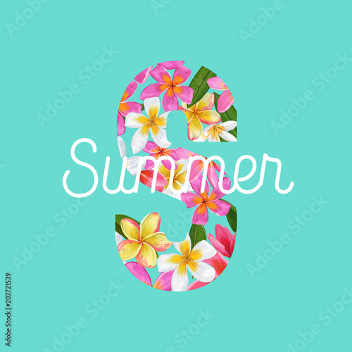 Summertime Floral Poster. Tropical Plumeria Flowers Design for Banner, Flyer, Brochure, Fabric Print. Hello Summer Watercolor Botanical Background. Vector illustration