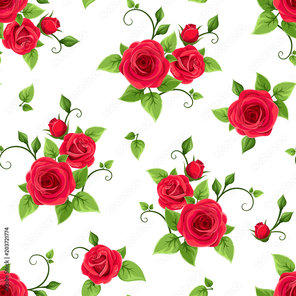 Vector seamless pattern with red roses on a white background.