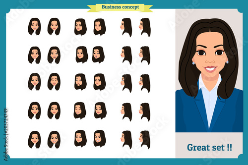 Set of woman's emotions design. Facial expression. Girl Avatar.Front, side, profile view animated character. Vector illustration of a cartoon style.Business girl character creation set. 