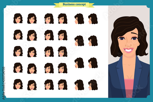 Set of woman's emotions design. Facial expression. Girl Avatar.Front, side, profile view animated character. Vector illustration of a cartoon style.Business girl character creation set. 