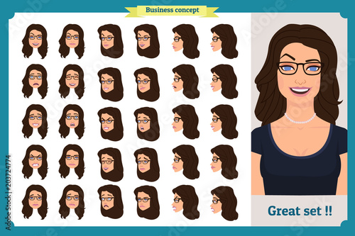 Set of woman's emotions design. Facial expression. Girl Avatar.Front, side, profile view animated character. Vector illustration of a cartoon style.Business girl character creation set. 