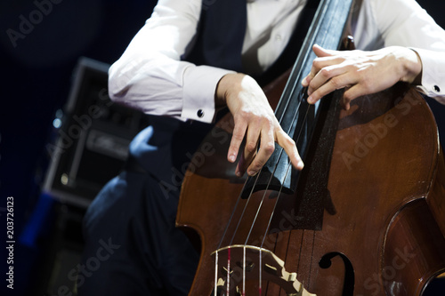 A double bass player playing the bass