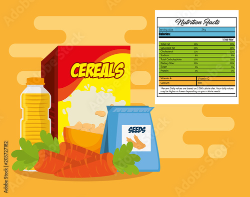 group of nutritive food with nutrition facts vector illustration design