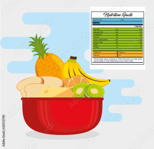 group of nutritive food with nutrition facts vector illustration design