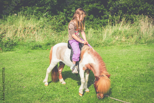 Girl Child Sat Riding on Miniature Horse Grazing in Field photo