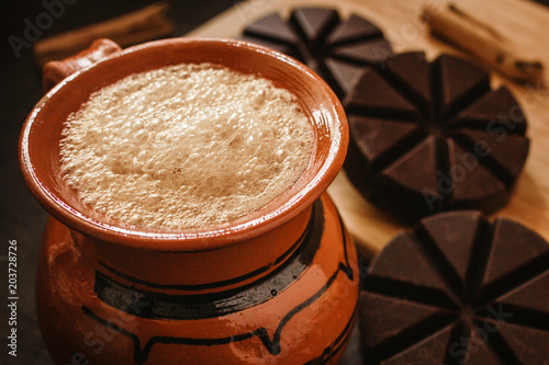 chocolate mexicano, cup of mexican chocolate from oaxaca mexico