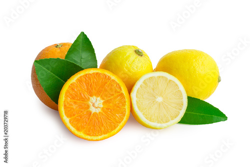 fresh orange and lemon on white