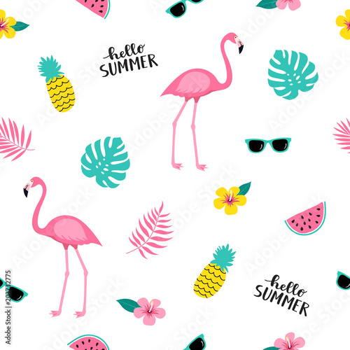 Summer seamless cute colorful pattern with flamingo, pineapple, tropical leaves, watermelon, flowers, sunglasses on white background. Vector illustration