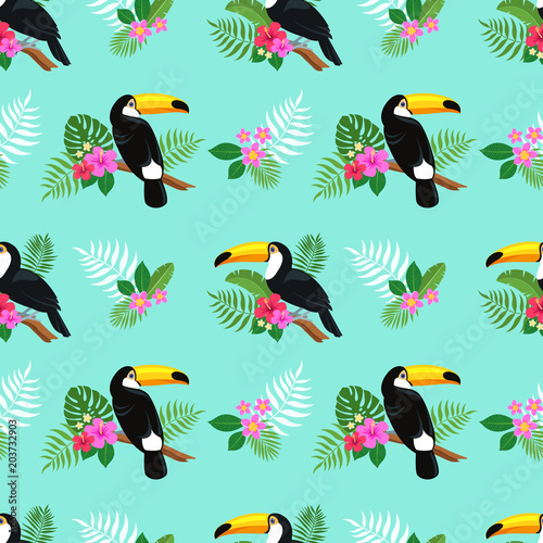 Summer colorful bright seamless hand drawn tropical pattern with toucan birds and exotic plant leaves and flowers of hibiscus and plumeria on mint green background. Hawaiian style. Vector illustration