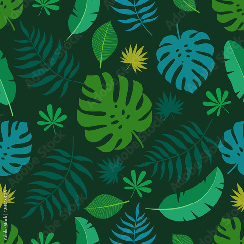Exotic seamless colorful pattern with tropical jungle leaves on dark background. Floral modern pattern for textile, manufacturing etc. Vector illustration