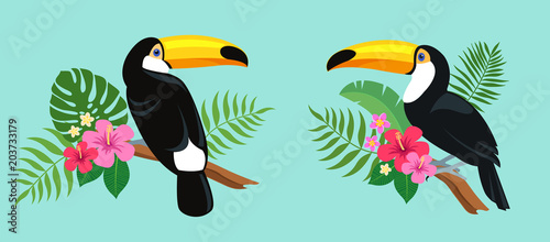 Cute toucan birds sitting on a tropical branch with exotic leaves and flowers of hibiscus and plumeria. Bright colorful vector illustration in cartoon style