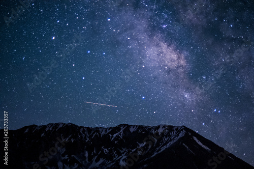 日本、鳥取県、雪の大山、聖なる夜の星座、天の川と日周運動
