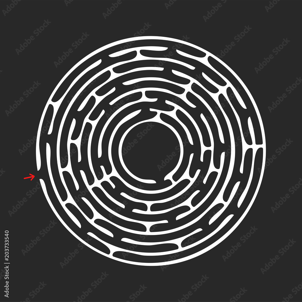 Abstract round maze. An educational game for children and adults. A simple flat vector illustration isolated on a black background. Abstract round maze. An educational game for children and adults. A simple flat vector illustration isolated on a black background.
