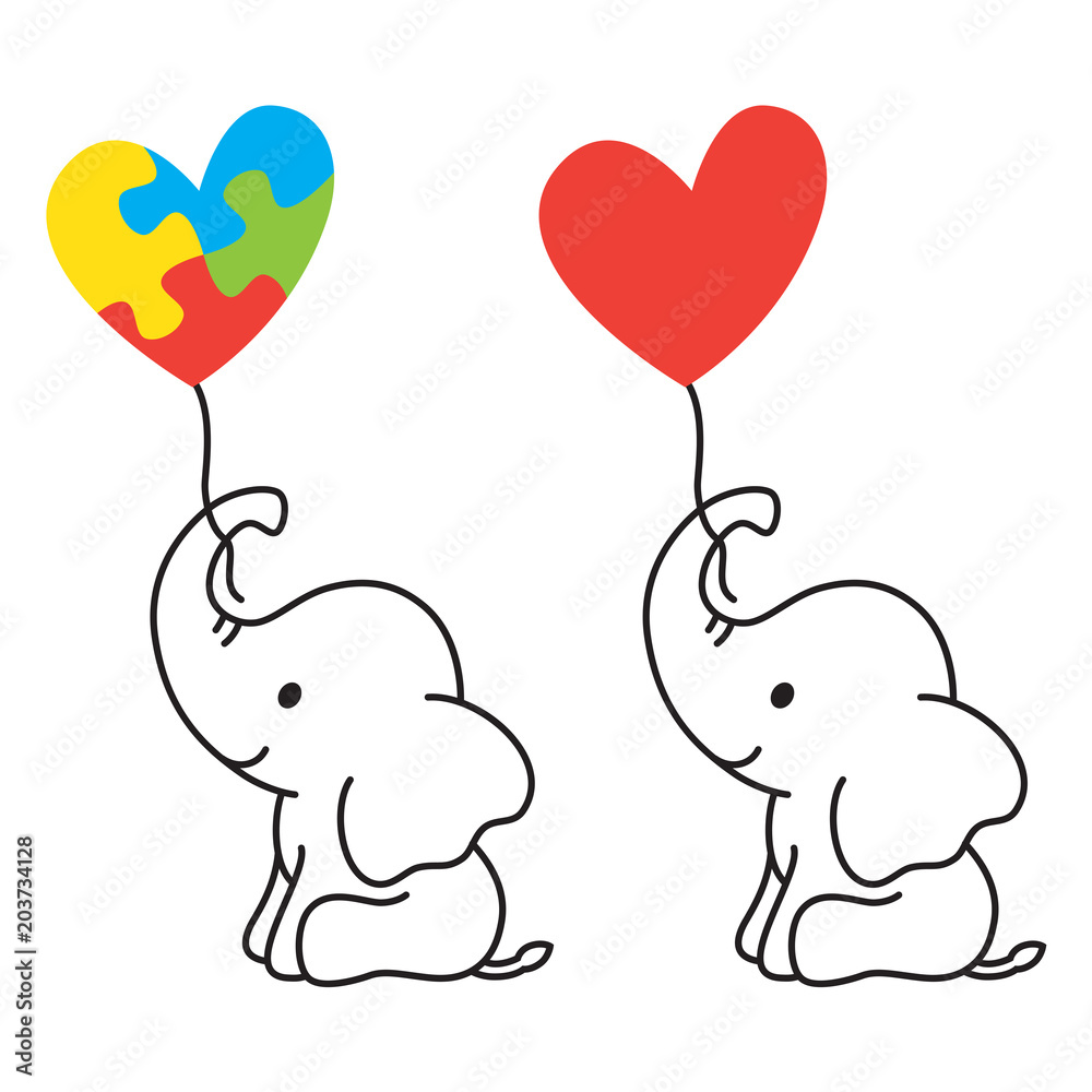 Naklejka premium Ilustracja wektorowa słonia niemowlęcia wyłożone sztuki, trzymając balon w kształcie serca z symbolem kawałek układanki autyzmu.