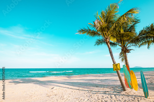 Fototapeta Naklejka Na Ścianę i Meble -  Vintage surf board with palm tree on tropical beach in summer. vintage color tone