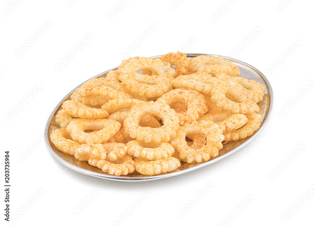 Yummy Round Shaped Yellow Snack Also Know as Round Ring Snack isolated on White Background