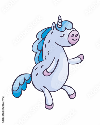 Little cute unicorn in doodle style. Colorful vector illustration isolated on a white background.