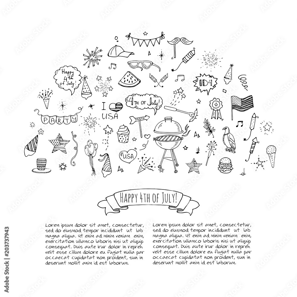 Hand drawn doodle Happy 4th of July icons set Vector illustration USA independence day symbols collection Cartoon sketch celebration elements: BBQ, food, drink, party, rocket, fireworks, American flag