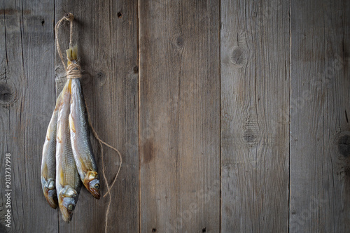 Photography dried fish on wooden boards