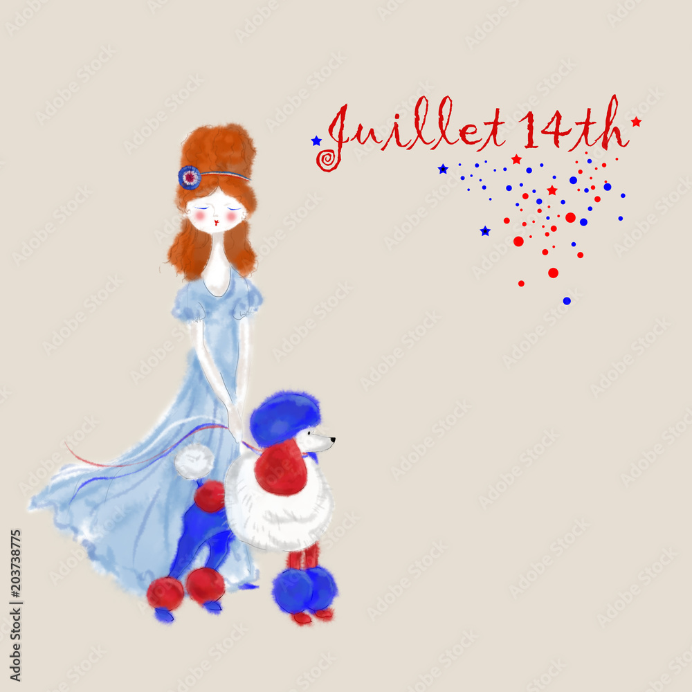 Bastille Day Card with Mademoiselle and a Poodle in Patriotic Colors ...