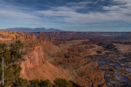 Fantastic Canyonlands National Park in the winter with a light blanket of snow in Utah, USA.